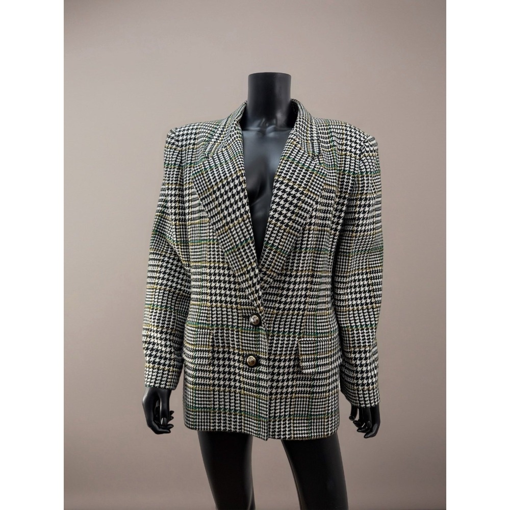 Le Suit Wool Blend Houndstooth Plaid Blazer‎ Black White Tailored Jacket